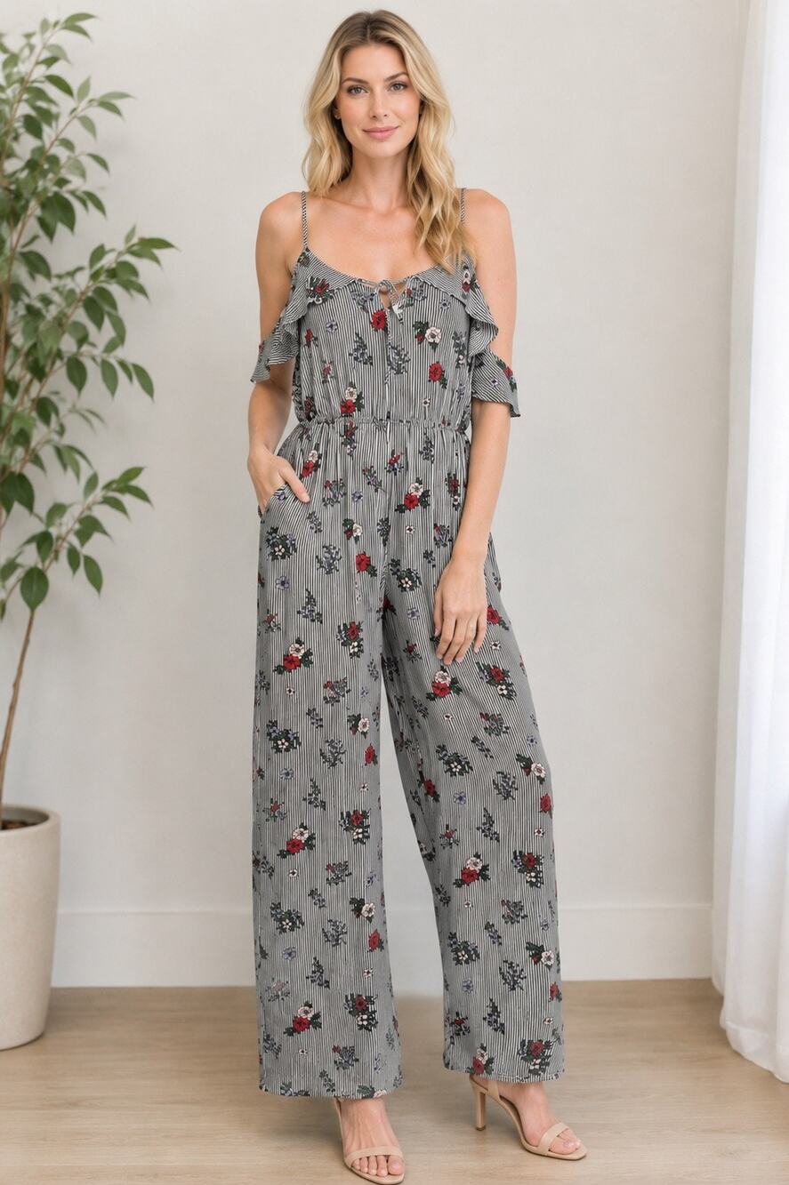 Everly Black White Striped Floral Cold Shoulder Jumpsuit Pockets Rayon Sz L NWOT